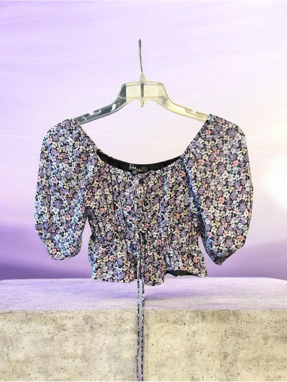 Lulu's Lavender Floral Cropped Peasant Top